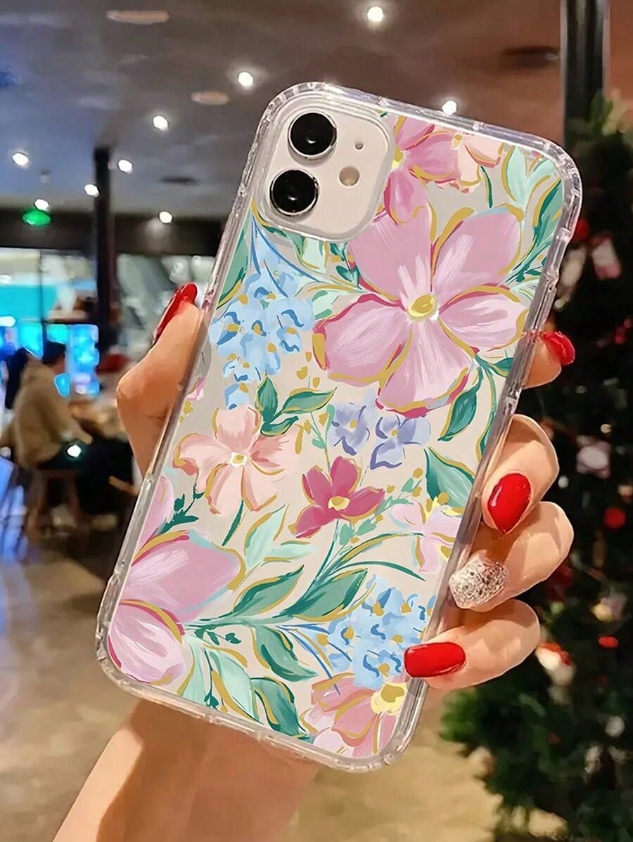 Flower 1pc Shock-Absorbing Transparent Floral Leaf Design Phone, Vivid Pink Orchid Pattern, Compatible With 16 Pro, 15/14 Plus, 13/12/11 And Series Waterproof Anti-Fall Scratch Resistant