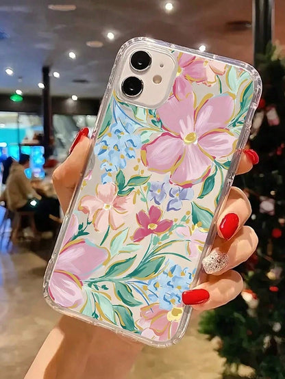 Flower 1pc Shock-Absorbing Transparent Floral Leaf Design Phone, Vivid Pink Orchid Pattern, Compatible With 16 Pro, 15/14 Plus, 13/12/11 And Series Waterproof Anti-Fall Scratch Resistant