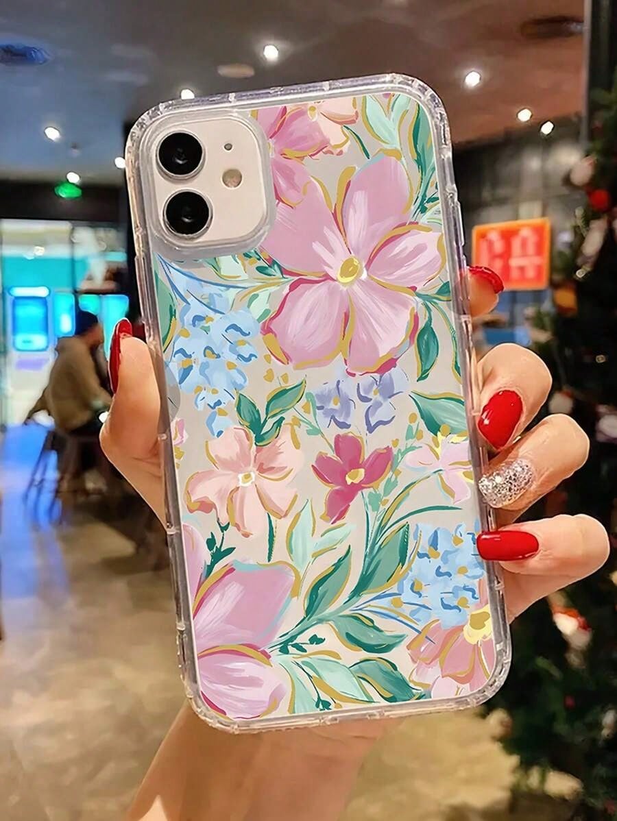 Flower 1pc Shock-Absorbing Transparent Floral Leaf Design Phone, Vivid Pink Orchid Pattern, Compatible With 16 Pro, 15/14 Plus, 13/12/11 And Series Waterproof Anti-Fall Scratch Resistant