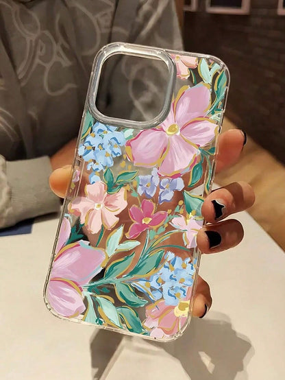 Flower 1pc Shock-Absorbing Transparent Floral Leaf Design Phone, Vivid Pink Orchid Pattern, Compatible With 16 Pro, 15/14 Plus, 13/12/11 And Series Waterproof Anti-Fall Scratch Resistant