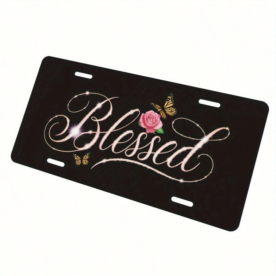 Flowers Aluminum License Plate- 6x12 Inch Polished Metal Trim With Elegant Cursive "" Design, Easy To Install, Durable & Stylish Car Plate For Men & Women, Car Decoration, Floral Pattern, Highquality