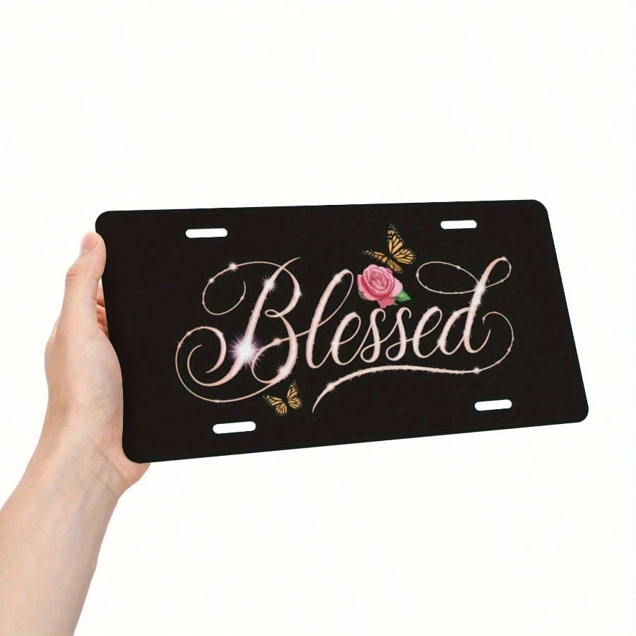 Flowers Aluminum License Plate- 6x12 Inch Polished Metal Trim With Elegant Cursive "" Design, Easy To Install, Durable & Stylish Car Plate For Men & Women, Car Decoration, Floral Pattern, Highquality