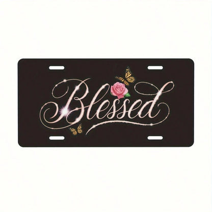 Flowers Aluminum License Plate- 6x12 Inch Polished Metal Trim With Elegant Cursive "" Design, Easy To Install, Durable & Stylish Car Plate For Men & Women, Car Decoration, Floral Pattern, Highquality