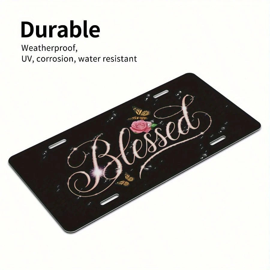 Flowers Aluminum License Plate- 6x12 Inch Polished Metal Trim With Elegant Cursive "" Design, Easy To Install, Durable & Stylish Car Plate For Men & Women, Car Decoration, Floral Pattern, Highquality