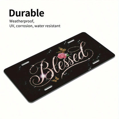 Flowers Aluminum License Plate- 6x12 Inch Polished Metal Trim With Elegant Cursive "" Design, Easy To Install, Durable & Stylish Car Plate For Men & Women, Car Decoration, Floral Pattern, Highquality