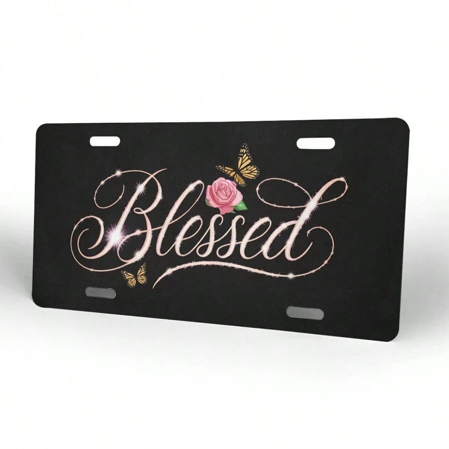 Flowers Aluminum License Plate- 6x12 Inch Polished Metal Trim With Elegant Cursive "" Design, Easy To Install, Durable & Stylish Car Plate For Men & Women, Car Decoration, Floral Pattern, Highquality