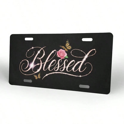 Flowers Aluminum License Plate- 6x12 Inch Polished Metal Trim With Elegant Cursive "" Design, Easy To Install, Durable & Stylish Car Plate For Men & Women, Car Decoration, Floral Pattern, Highquality