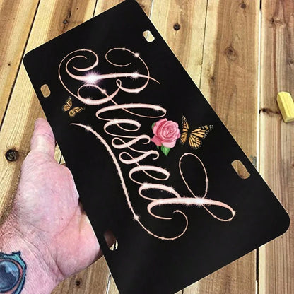 Flowers Aluminum License Plate- 6x12 Inch Polished Metal Trim With Elegant Cursive "" Design, Easy To Install, Durable & Stylish Car Plate For Men & Women, Car Decoration, Floral Pattern, Highquality