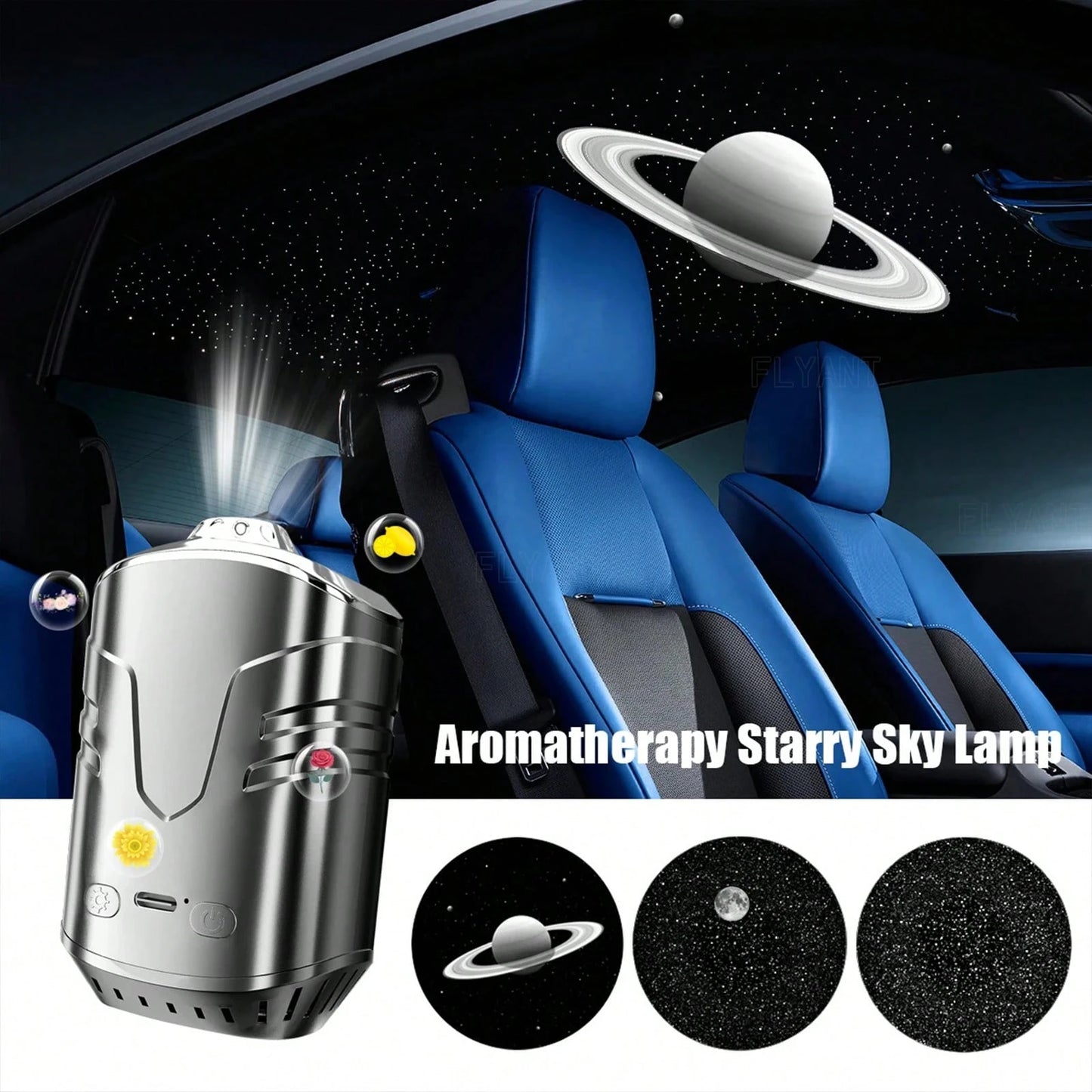 FLYANT 2 In 1 Car Aroma Star Lamp With Car Air Diffuser, Dynamic Light Show With Star Top Mode, 6 Scents Ceiling Ambient Light, Auto On/Off Car Star Projector, Car Interior Accessories, Suitable For M