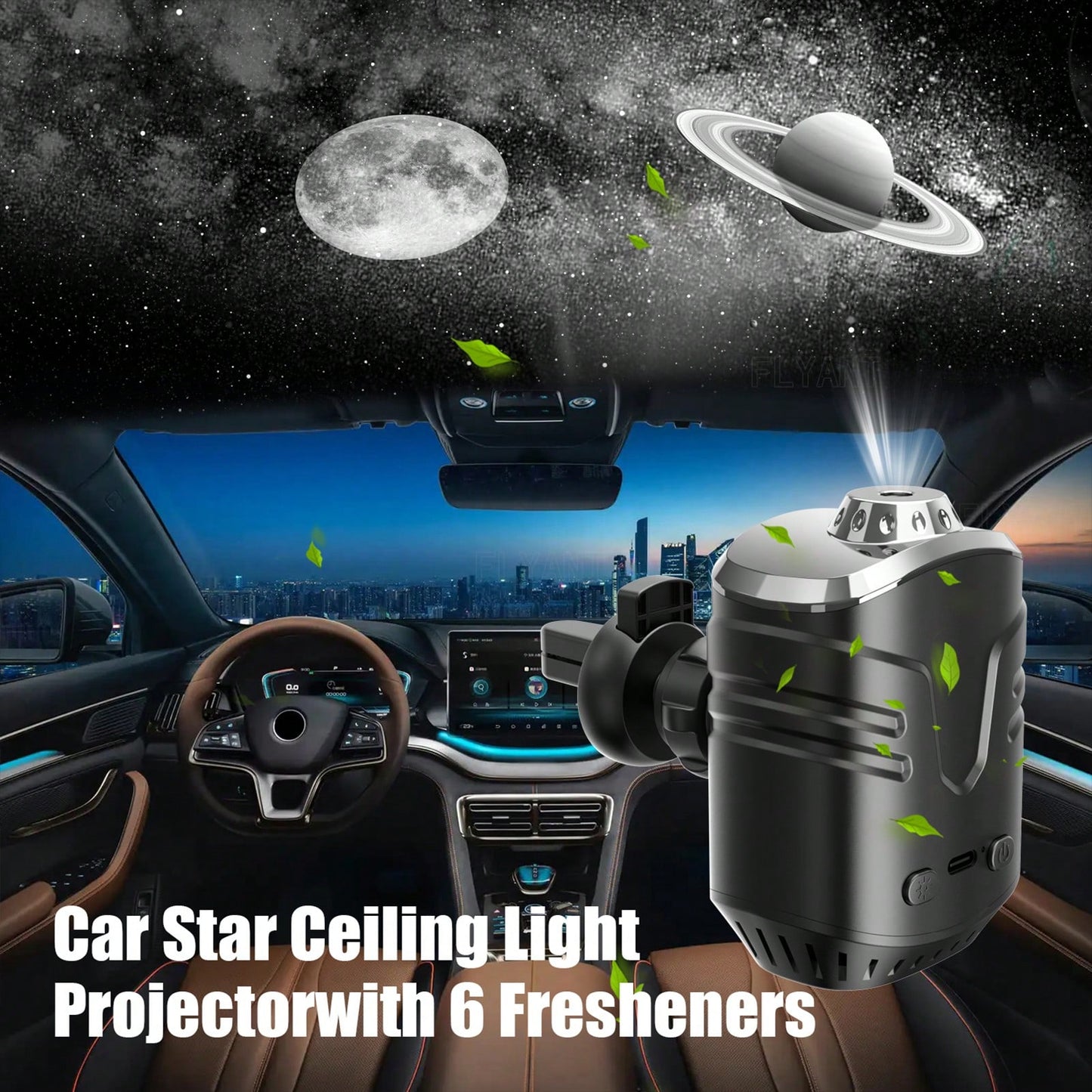 FLYANT 2 In 1 Car Aroma Star Lamp With Car Air Diffuser, Dynamic Light Show With Star Top Mode, 6 Scents Ceiling Ambient Light, Auto On/Off Car Star Projector, Car Interior Accessories, Suitable For M