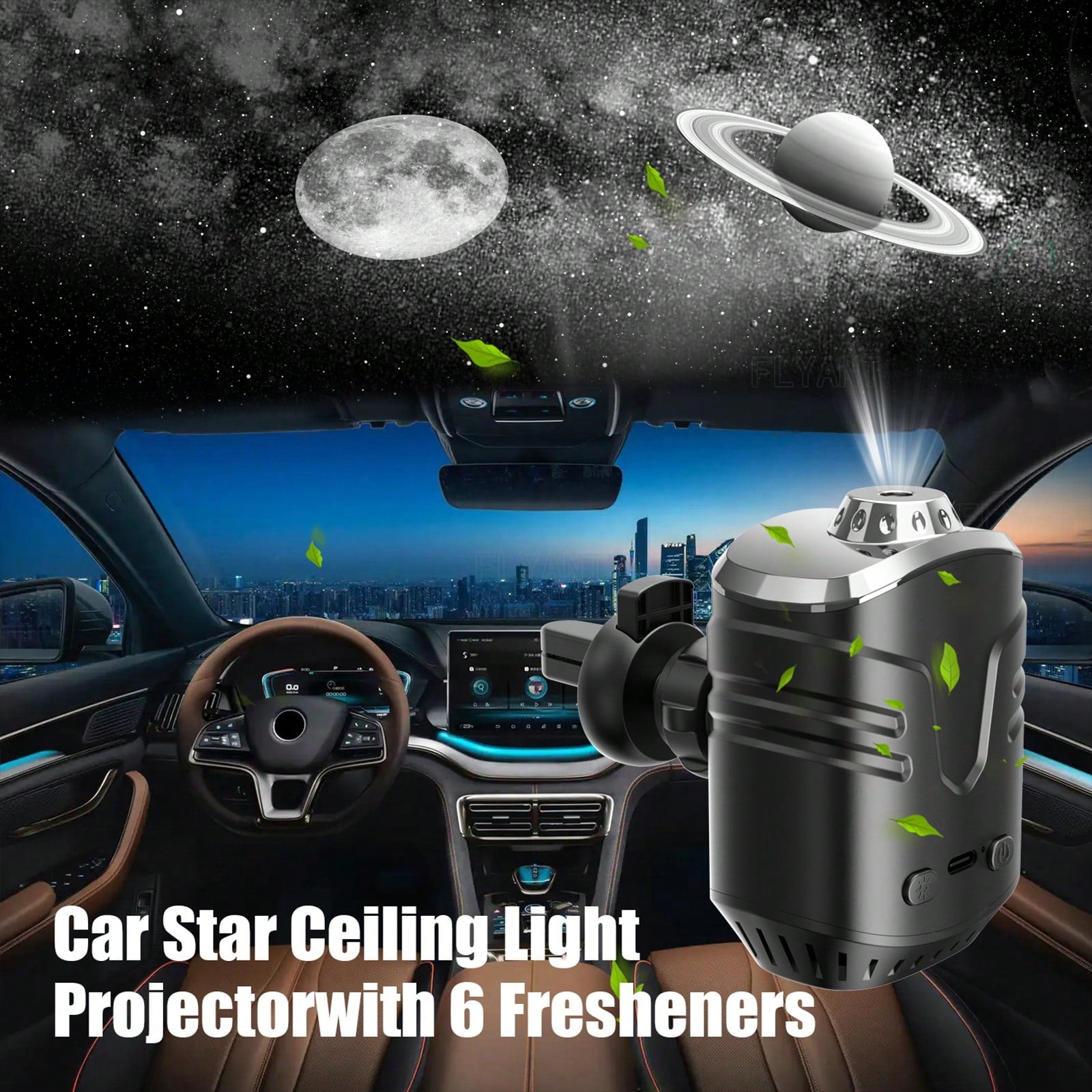 FLYANT 2 In 1 Car Aroma Star Lamp With Car Air Diffuser, Dynamic Light Show With Star Top Mode, 6 Scents Ceiling Ambient Light, Auto On/Off Car Star Projector, Car Interior Accessories, Suitable For M