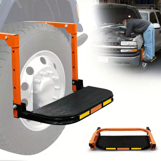 Foldable Tire Step With Anti-Slip Feature- A Key Component For Maintaining Trucks, SUVs, And Trailers- Height Adjustable And Capable Of Supporting Up To 400 Pounds- Portable And Foldable Design, Tire