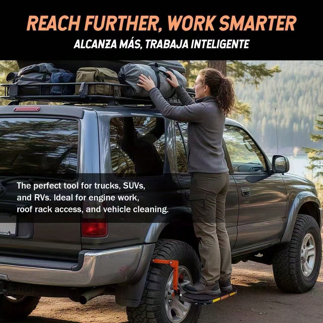 Foldable Tire Step With Anti-Slip Feature- A Key Component For Maintaining Trucks, SUVs, And Trailers- Height Adjustable And Capable Of Supporting Up To 400 Pounds- Portable And Foldable Design, Tire