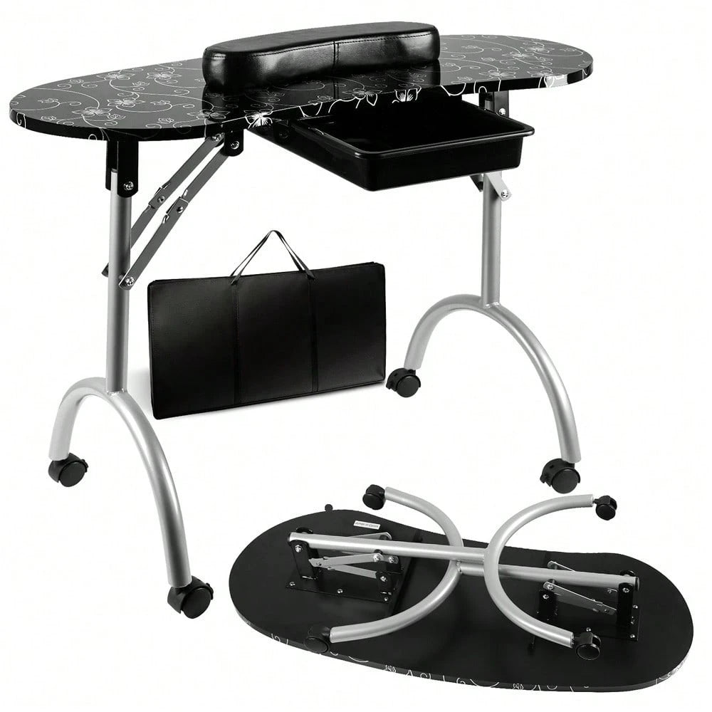 Folding Manicure Table With Wheels And Bag- Black Tabletop, Iron, MDF, Portable Carrying Bag, Easy Assembly For Mobile Beauticians
