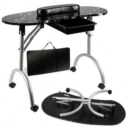Folding Manicure Table With Wheels And Bag- Black Tabletop, Iron, MDF, Portable Carrying Bag, Easy Assembly For Mobile Beauticians
