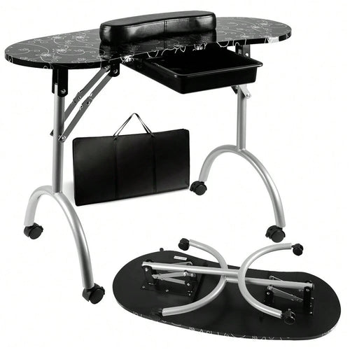 Folding Manicure Table With Wheels And Bag- Black Tabletop, Iron, MDF, Portable Carrying Bag, Easy Assembly For Mobile Beauticians