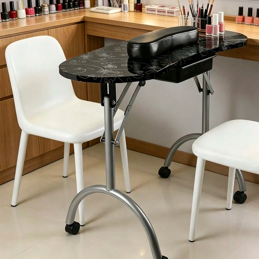 Folding Manicure Table With Wheels And Bag- Black Tabletop, Iron, MDF, Portable Carrying Bag, Easy Assembly For Mobile Beauticians