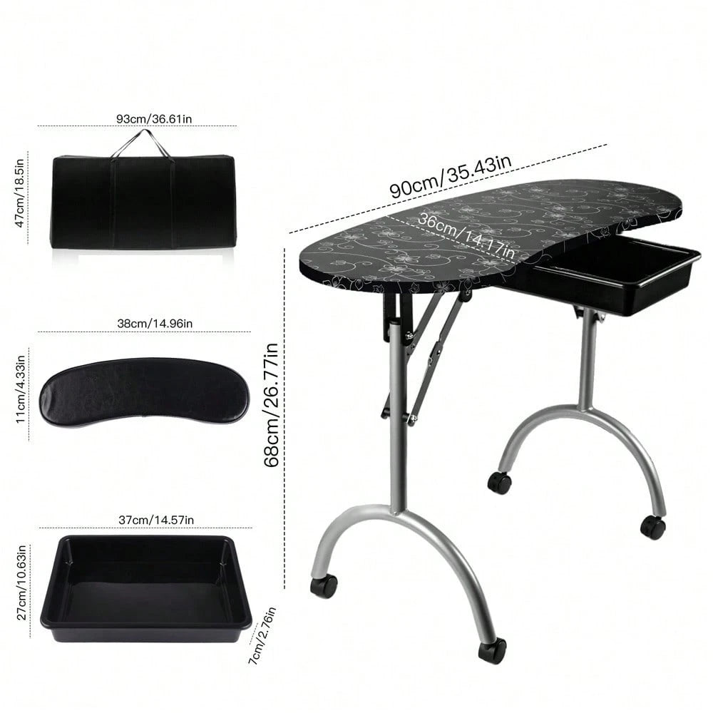 Folding Manicure Table With Wheels And Bag- Black Tabletop, Iron, MDF, Portable Carrying Bag, Easy Assembly For Mobile Beauticians