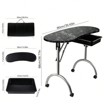 Folding Manicure Table With Wheels And Bag- Black Tabletop, Iron, MDF, Portable Carrying Bag, Easy Assembly For Mobile Beauticians