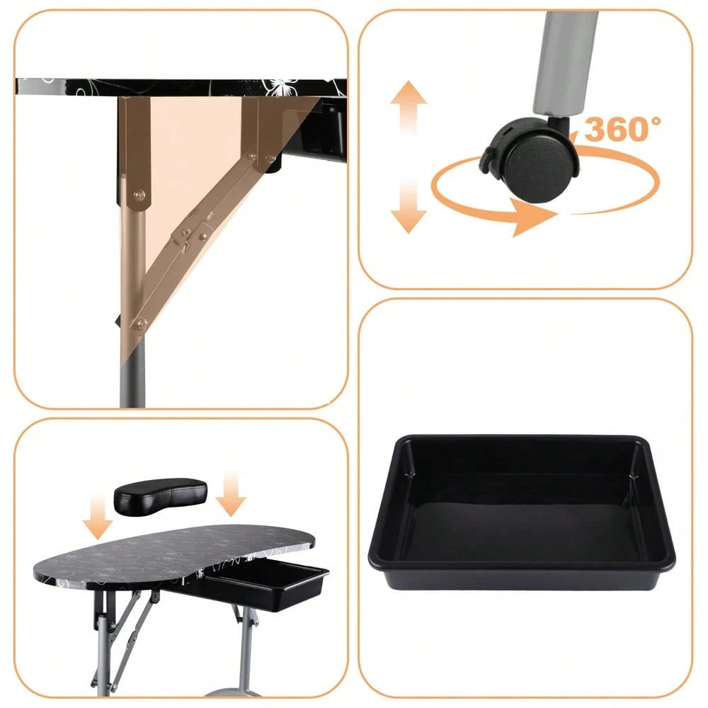 Folding Manicure Table With Wheels And Bag- Black Tabletop, Iron, MDF, Portable Carrying Bag, Easy Assembly For Mobile Beauticians