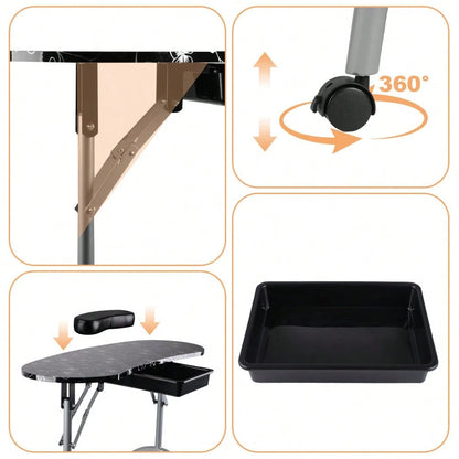 Folding Manicure Table With Wheels And Bag- Black Tabletop, Iron, MDF, Portable Carrying Bag, Easy Assembly For Mobile Beauticians