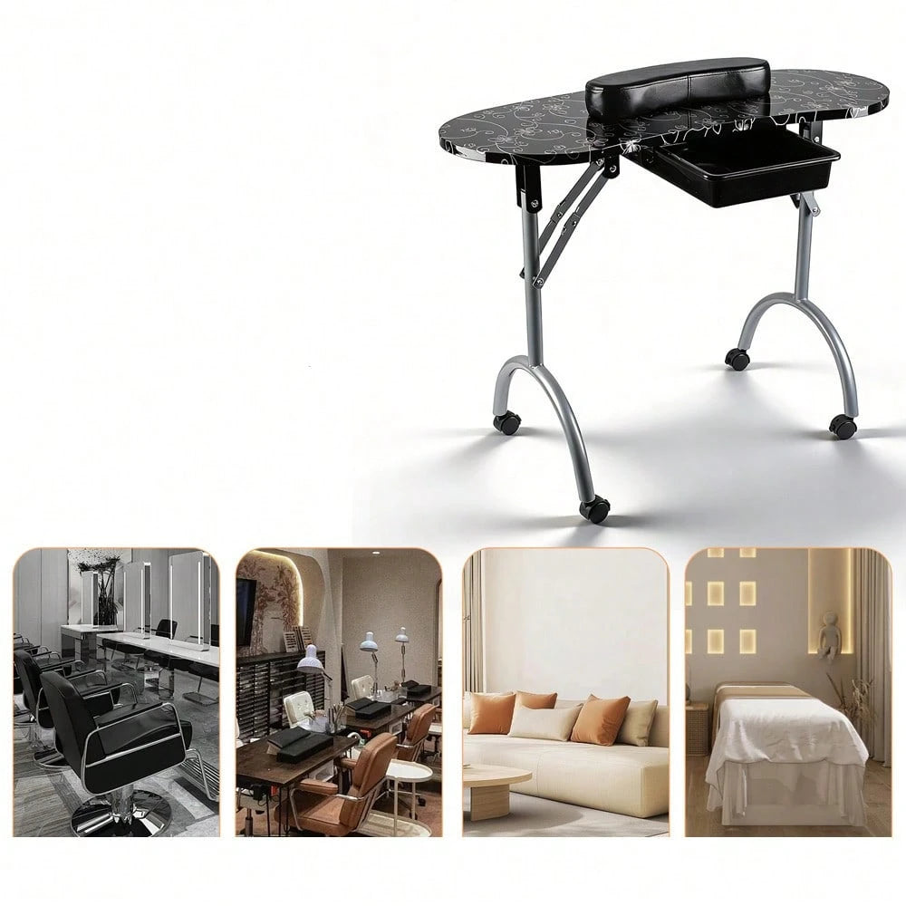 Folding Manicure Table With Wheels And Bag- Black Tabletop, Iron, MDF, Portable Carrying Bag, Easy Assembly For Mobile Beauticians