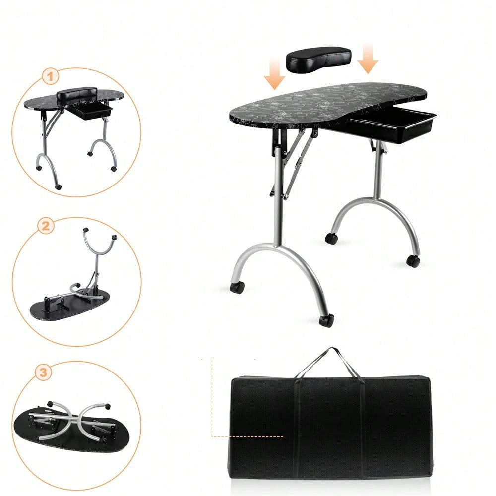 Folding Manicure Table With Wheels And Bag- Black Tabletop, Iron, MDF, Portable Carrying Bag, Easy Assembly For Mobile Beauticians