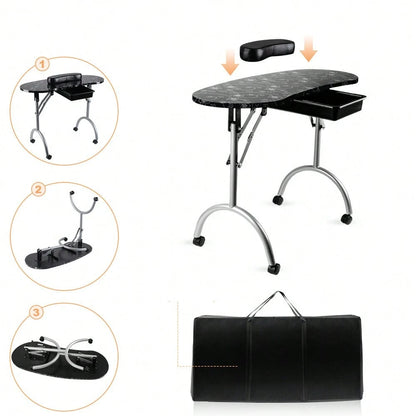 Folding Manicure Table With Wheels And Bag- Black Tabletop, Iron, MDF, Portable Carrying Bag, Easy Assembly For Mobile Beauticians