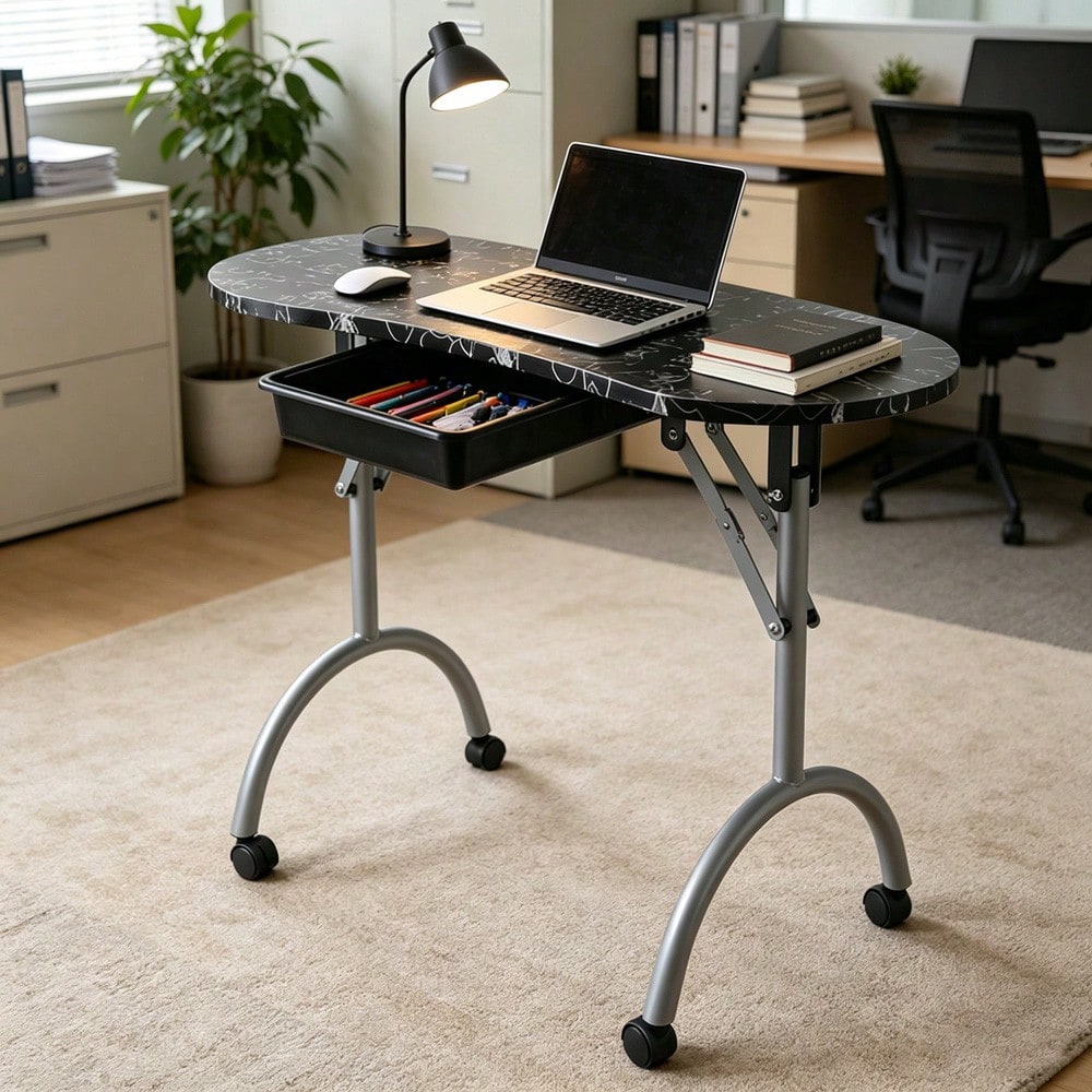 Folding Manicure Table With Wheels And Bag- Black Tabletop, Iron, MDF, Portable Carrying Bag, Easy Assembly For Mobile Beauticians