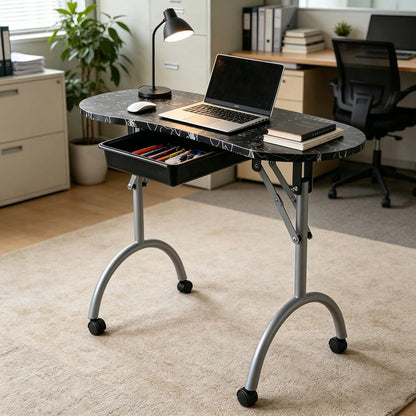 Folding Manicure Table With Wheels And Bag- Black Tabletop, Iron, MDF, Portable Carrying Bag, Easy Assembly For Mobile Beauticians