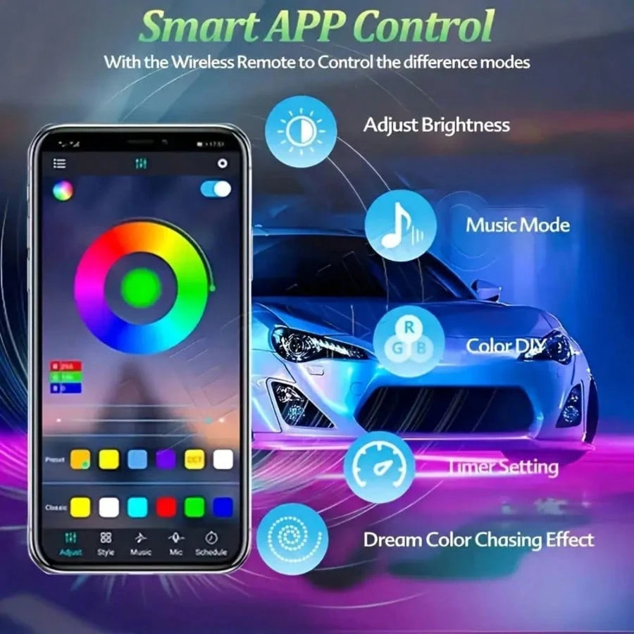 Four-In-One Car Bottom Decorative Atmosphere Light, Wireless Remote Control/APP Control, Music Synchronization Mode, Suitable For Installation On Most Car Models, Car Neon Exterior Accessories, Multip