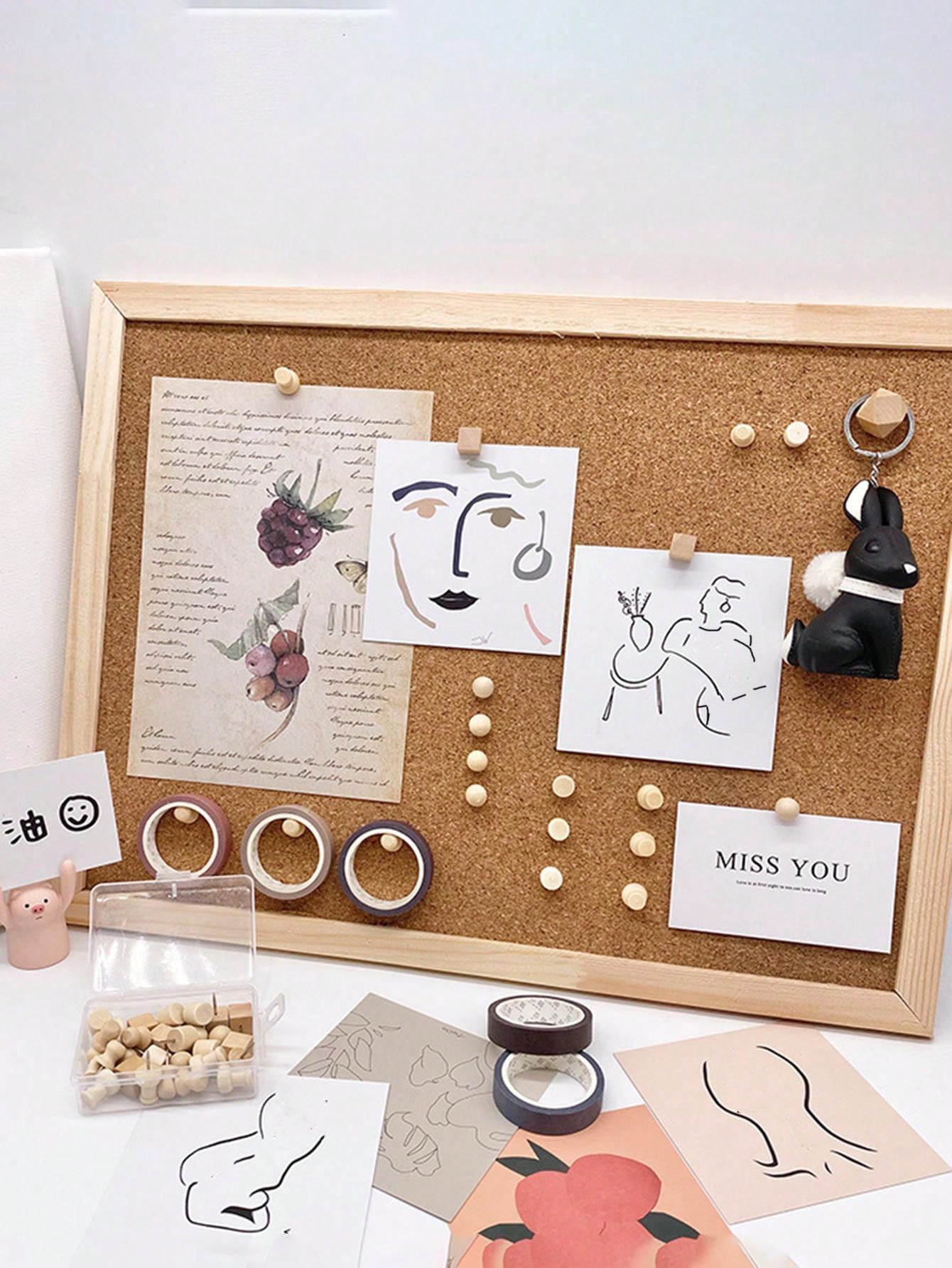 Framed Cork Board, Oak Wood Frame, Decorative Hanging Bulletin Board, Suitable For Office And Home Decor, Can Be Used As Family/School Message Board Or Vision Board (Random Pin Colors), School Supplie