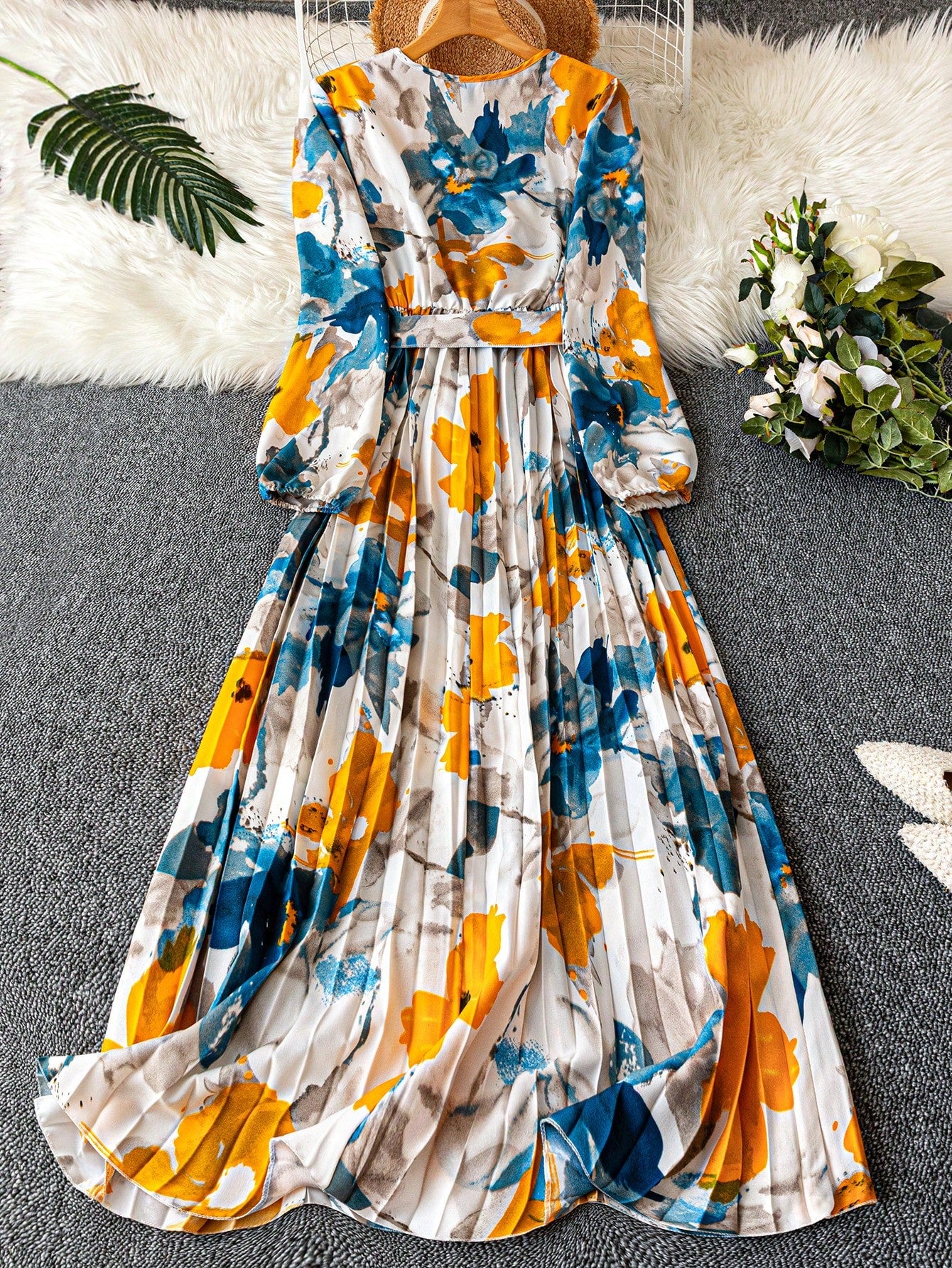 Franclia 1pc Women's Elegant Floral Ruched V-Neck Wrap Dress With Belt And Long Sleeves Maxi Women Outfit Fall Cloth For Women
