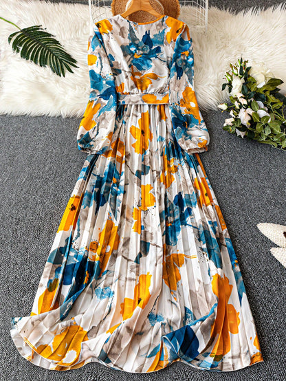 Franclia 1pc Women's Elegant Floral Ruched V-Neck Wrap Dress With Belt And Long Sleeves Maxi Women Outfit Fall Cloth For Women