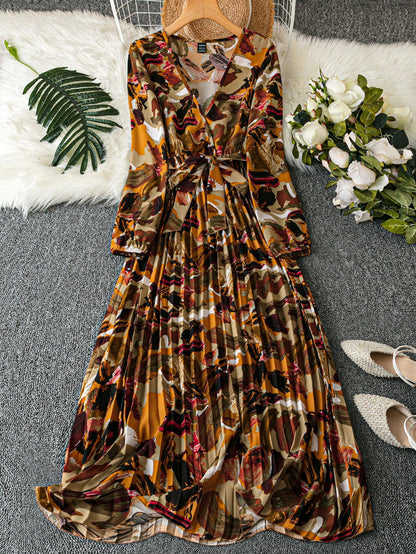 Franclia 1pc Women's Elegant Floral Ruched V-Neck Wrap Dress With Belt And Long Sleeves Maxi Women Outfit Fall Cloth For Women