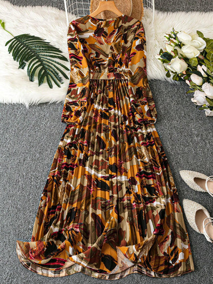 Franclia 1pc Women's Elegant Floral Ruched V-Neck Wrap Dress With Belt And Long Sleeves Maxi Women Outfit Fall Cloth For Women