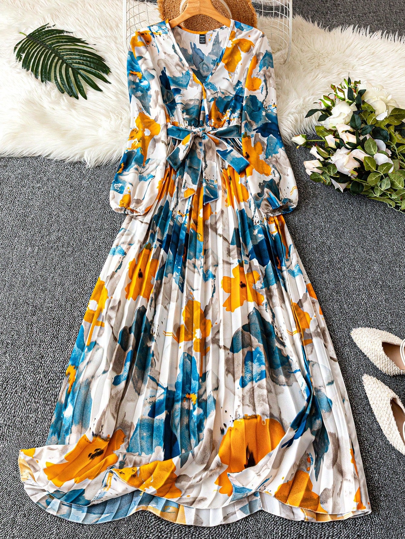 Franclia 1pc Women's Elegant Floral Ruched V-Neck Wrap Dress With Belt And Long Sleeves Maxi Women Outfit Fall Cloth For Women