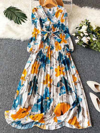 Franclia 1pc Women's Elegant Floral Ruched V-Neck Wrap Dress With Belt And Long Sleeves Maxi Women Outfit Fall Cloth For Women