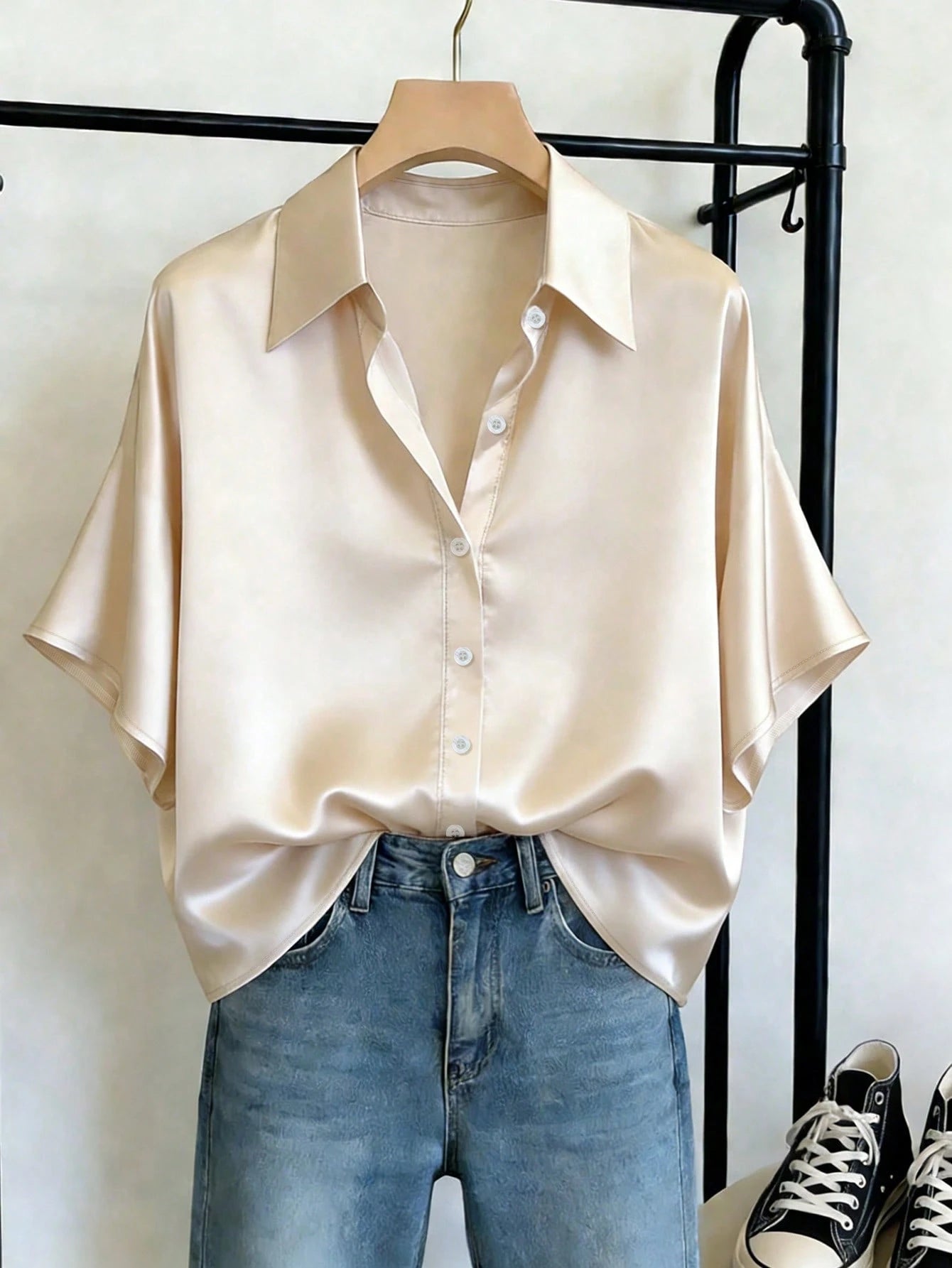Franclia Apricot Satin Short Sleeve Shirt For Women, Summer, High-End Draping Commuter Blouse, Loose Flattering Elegant Luxury Versatile Collared Top