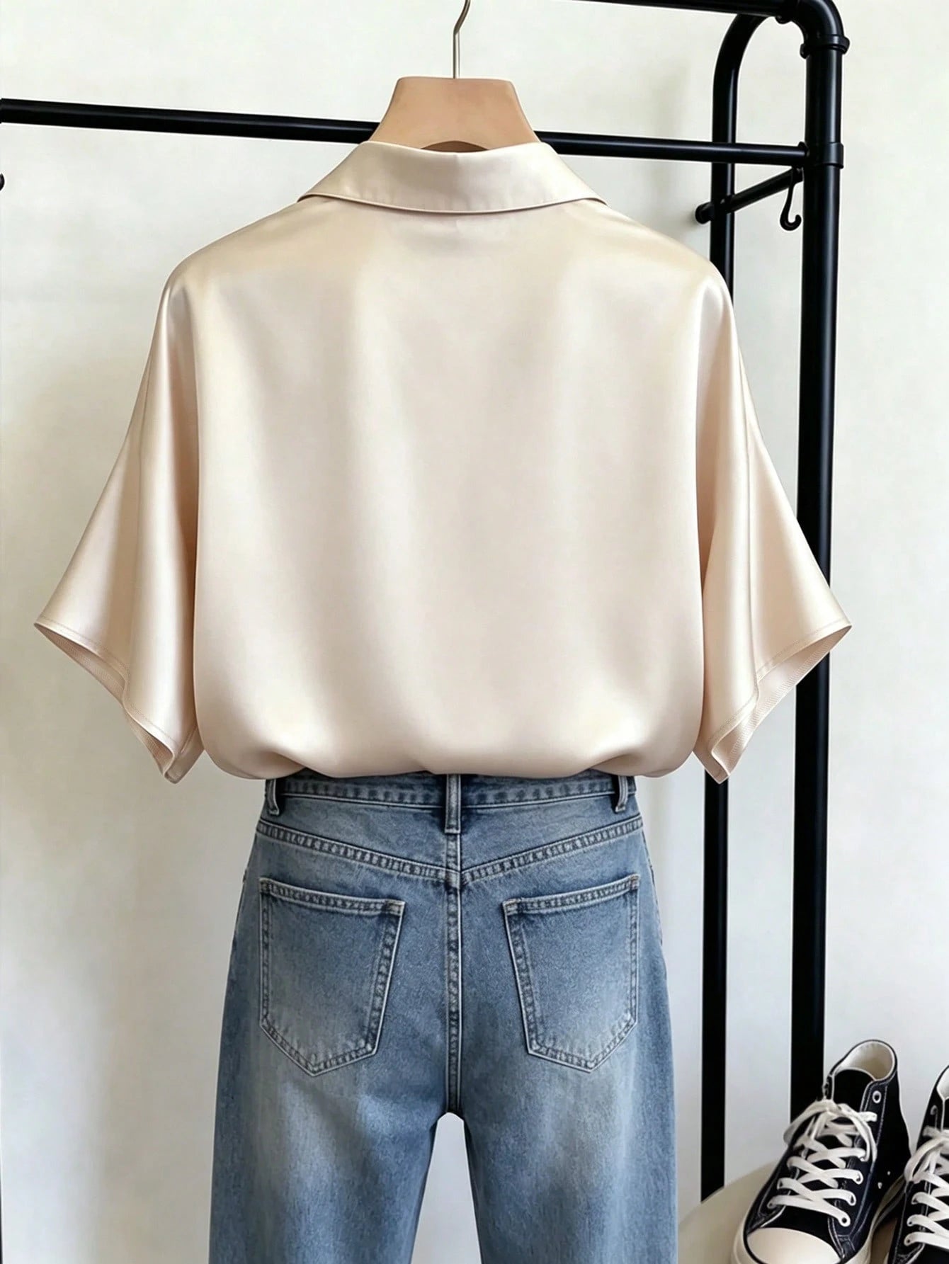 Franclia Apricot Satin Short Sleeve Shirt For Women, Summer, High-End Draping Commuter Blouse, Loose Flattering Elegant Luxury Versatile Collared Top