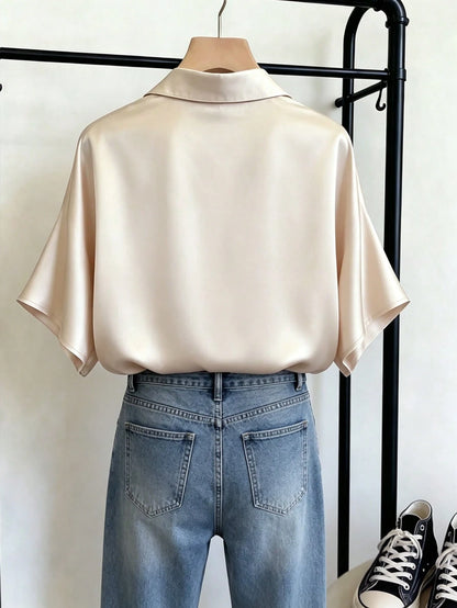 Franclia Apricot Satin Short Sleeve Shirt For Women, Summer, High-End Draping Commuter Blouse, Loose Flattering Elegant Luxury Versatile Collared Top