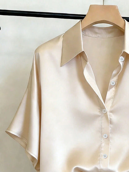 Franclia Apricot Satin Short Sleeve Shirt For Women, Summer, High-End Draping Commuter Blouse, Loose Flattering Elegant Luxury Versatile Collared Top