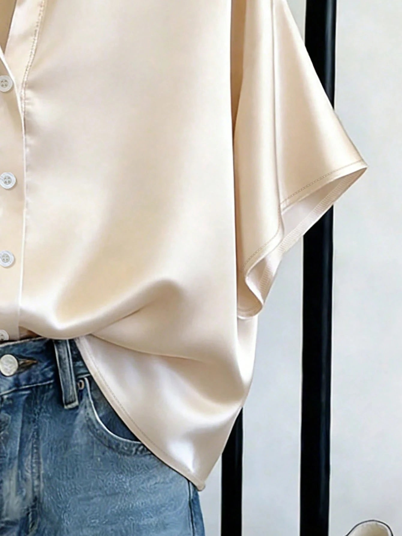 Franclia Apricot Satin Short Sleeve Shirt For Women, Summer, High-End Draping Commuter Blouse, Loose Flattering Elegant Luxury Versatile Collared Top