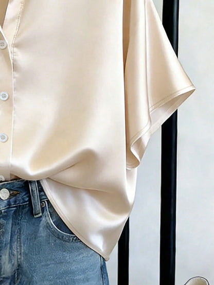 Franclia Apricot Satin Short Sleeve Shirt For Women, Summer, High-End Draping Commuter Blouse, Loose Flattering Elegant Luxury Versatile Collared Top