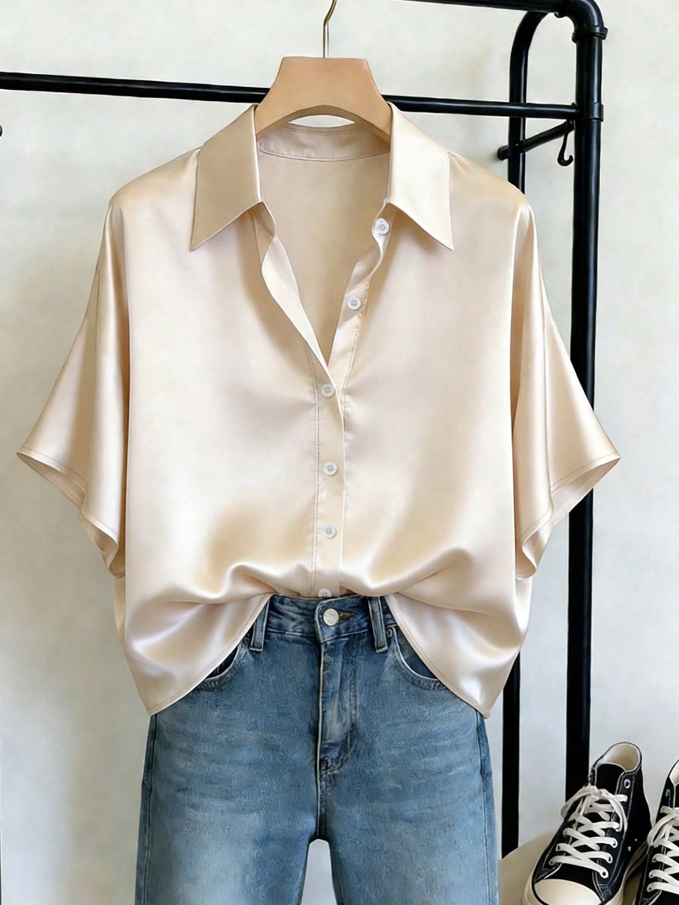 Franclia Apricot Satin Short Sleeve Shirt For Women, Summer, High-End Draping Commuter Blouse, Loose Flattering Elegant Luxury Versatile Collared Top
