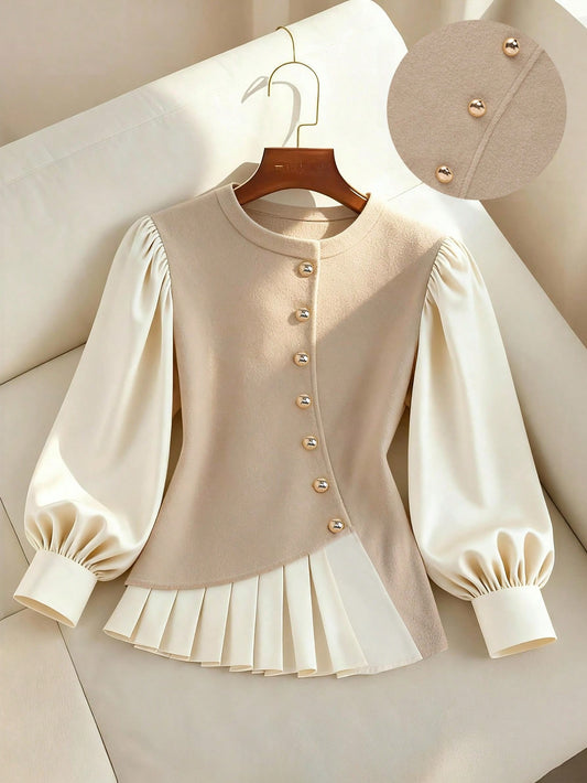 Franclia Beige,Autumn,Elegant,Tea Party Women Round Neck Top,Color-Blocked Puff Lantern Long-Sleeved,Metal Buckle,Fitted Ruffled Hem,Business Casual Commuter