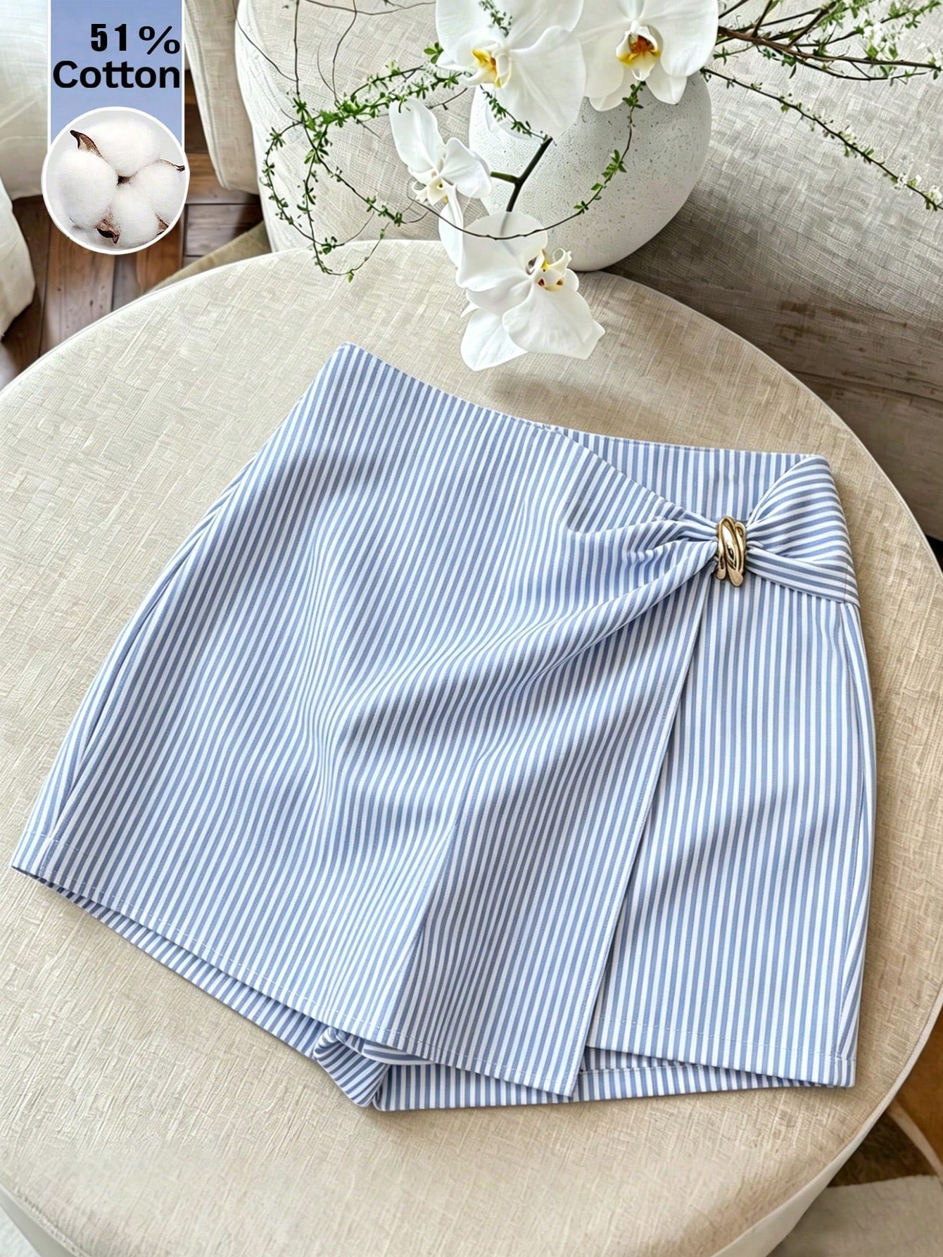 Franclia Blue And White Vertical Striped Knot Metal Buckle High Waist Skirt Shorts Women's Design Asymmetrical Wrap Striped Suit Shorts French Metal Buckle Decor High Waist A-Line Striped Skirt