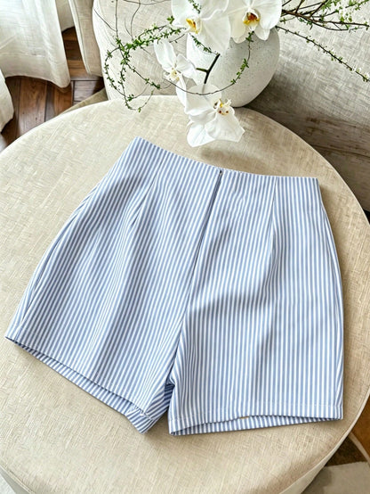 Franclia Blue And White Vertical Striped Knot Metal Buckle High Waist Skirt Shorts Women's Design Asymmetrical Wrap Striped Suit Shorts French Metal Buckle Decor High Waist A-Line Striped Skirt