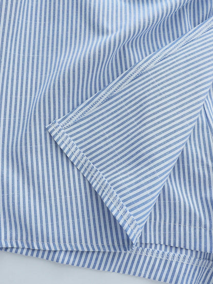 Franclia Blue And White Vertical Striped Knot Metal Buckle High Waist Skirt Shorts Women's Design Asymmetrical Wrap Striped Suit Shorts French Metal Buckle Decor High Waist A-Line Striped Skirt