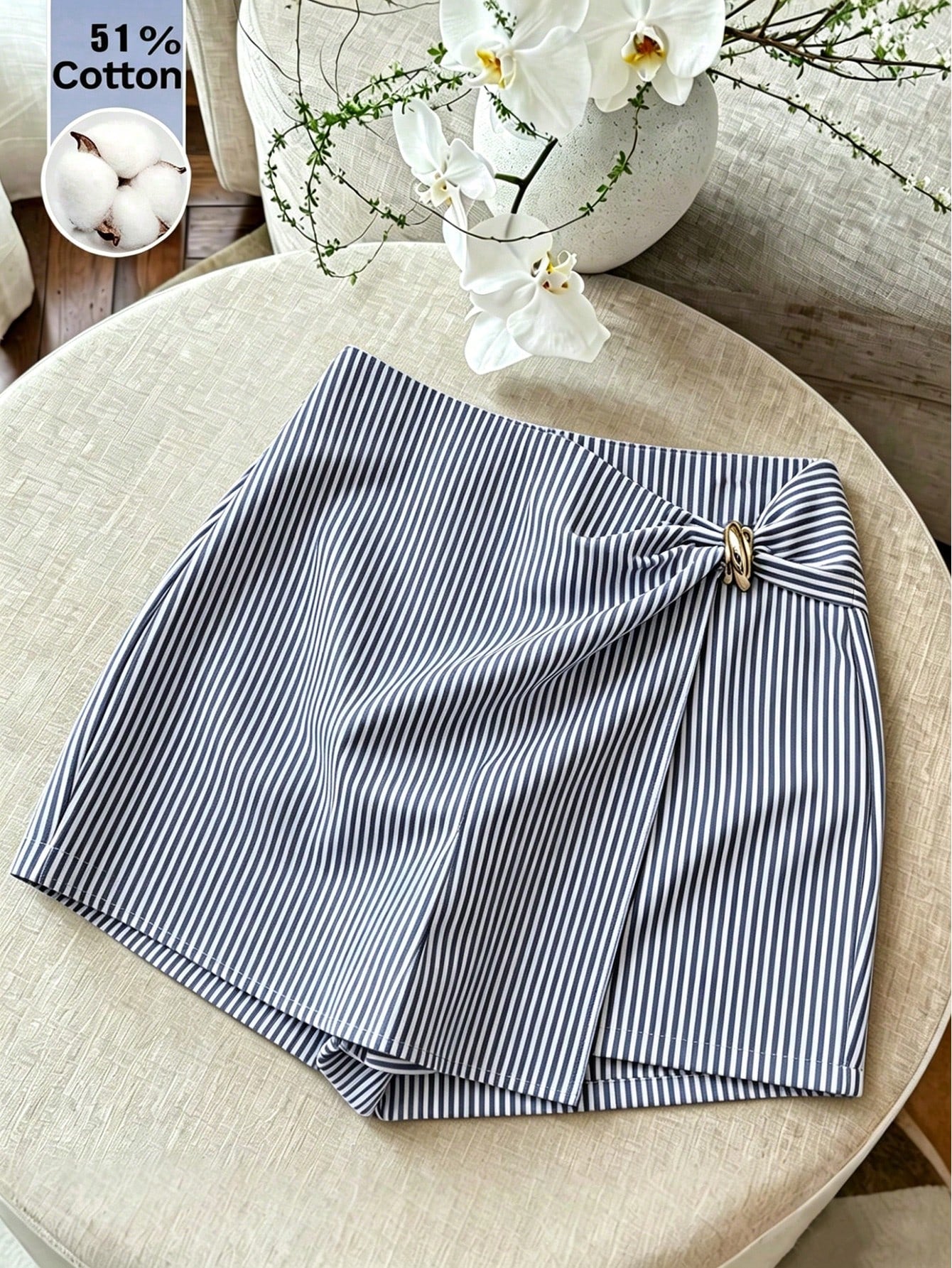 Franclia Blue And White Vertical Striped Knot Metal Buckle High Waist Skirt Shorts Women's Design Asymmetrical Wrap Striped Suit Shorts French Metal Buckle Decor High Waist A-Line Striped Skirt